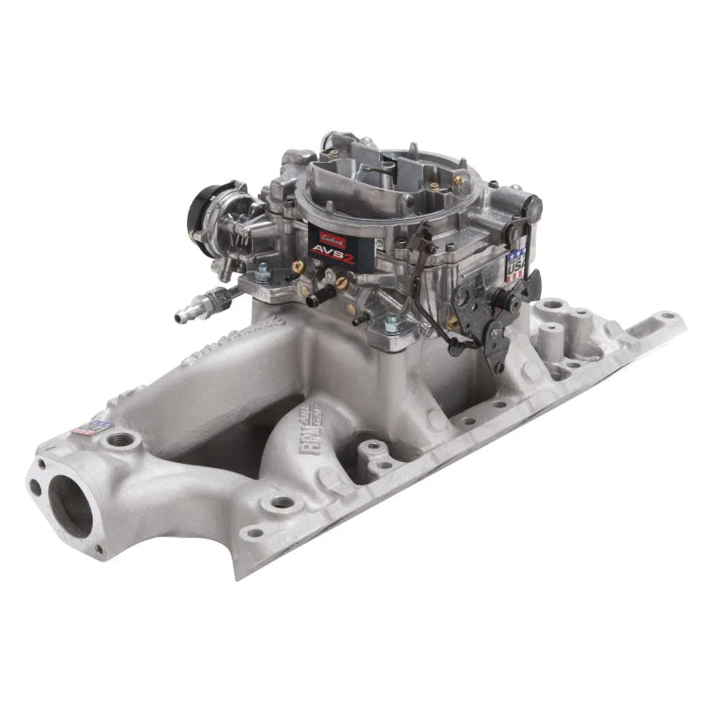 Edelbrock Manifold And Carb Kit Performer RPM Air-Gap Small Block Ford 289-302 Natural Finish - Side View