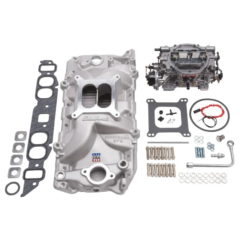 Edelbrock Manifold And Carb Kit Performer RPM Big Block Chevrolet Oval Port Natural Finish - Back View