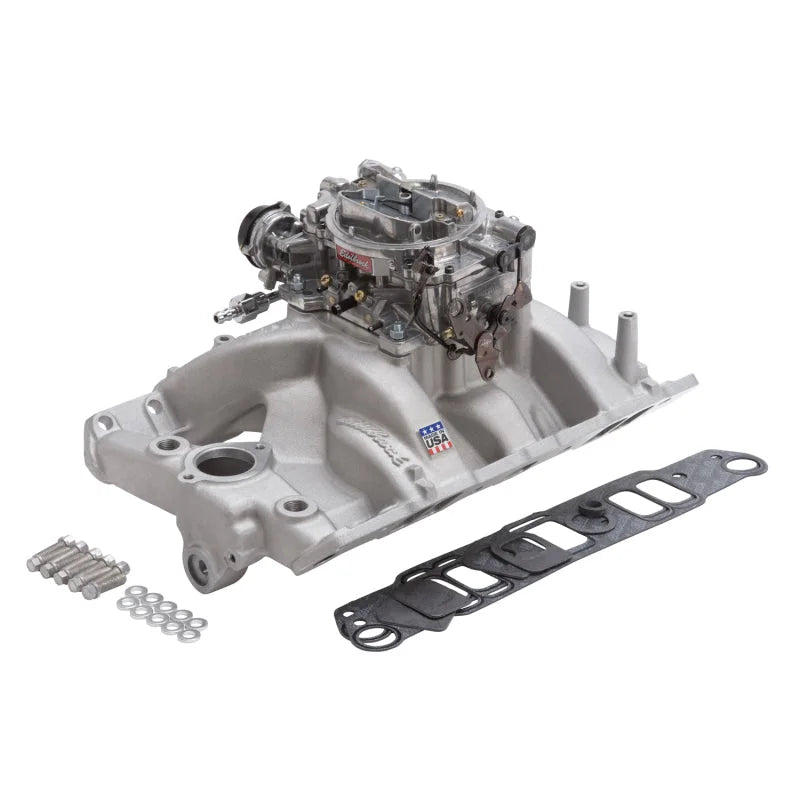 Edelbrock Manifold And Carb Kit Performer RPM Pontiac Natural Finish - Side View
