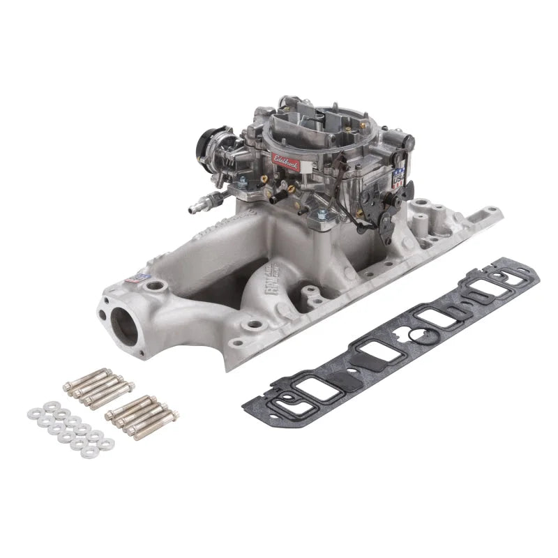 Edelbrock Manifold And Carb Kit Performer RPM Small Block Chevrolet 1957-1986 Natural Finish - Side View