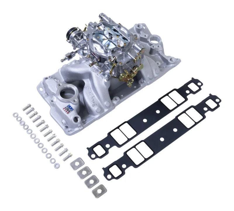 Edelbrock Manifold and Carb Kit Performer RPM Air-Gap SBC 1957-1986 Natural Finish - Side View