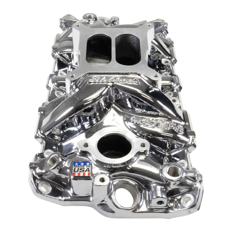 Edelbrock Performer EPS Intake Manifold w/ Oil Fill Tube - Chrome Plasma fits Chevy Sb - Side View