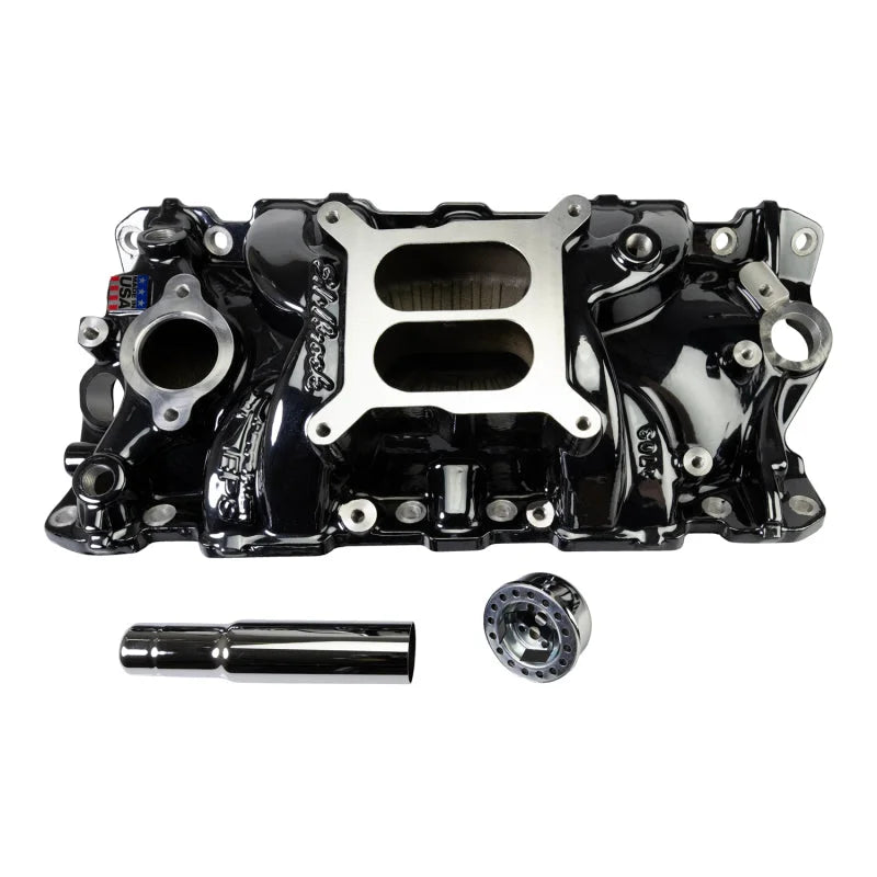 Edelbrock Performer EPS Manifold w/ Oil Fill Tube - Black Plasma fits Chevy Sb - Side View