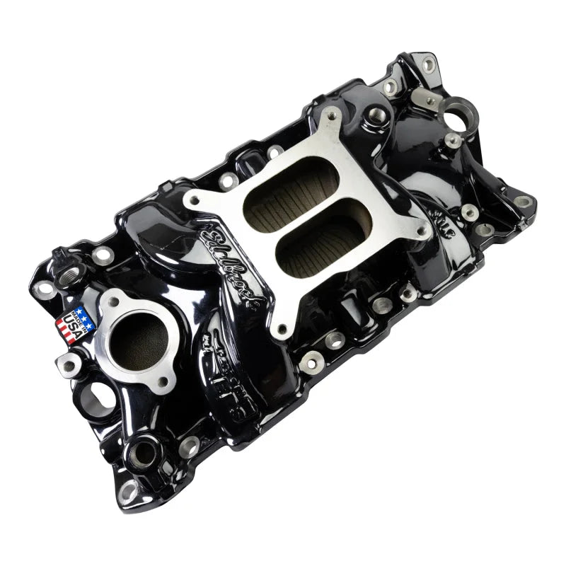 Edelbrock Performer EPS Manifold w/ Oil Fill Tube - Black Plasma fits Chevy Sb - Back View