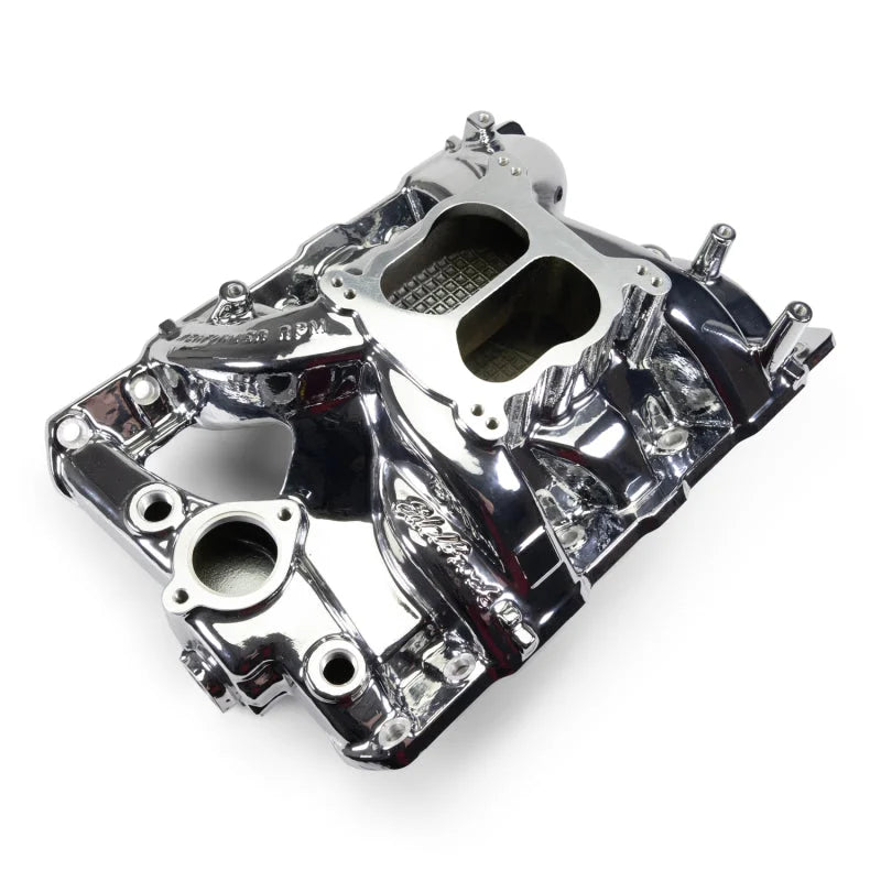 Edelbrock Performer RPM Intake Manifold - Chrome Plasma Finish fits Pontiac 326-455 - Side View