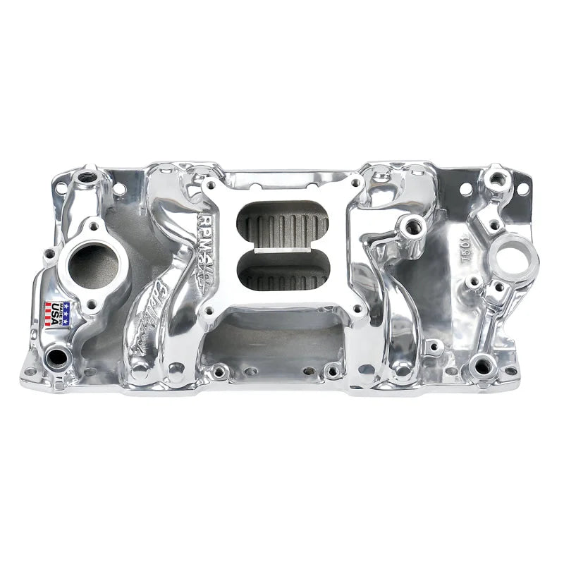 Edelbrock Polished S/B Chevy RPM Air-Gap Manifold - Side View