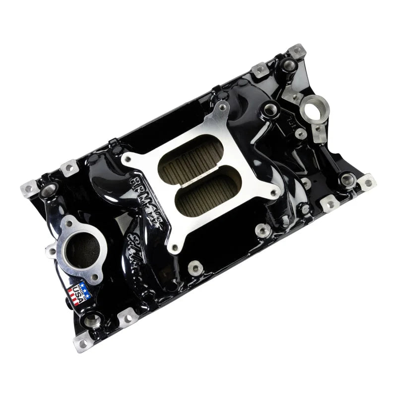 Edelbrock RPM Air-Gap Manifold - Black Plasma Finish fits Chevrolet / Vortec - Back View