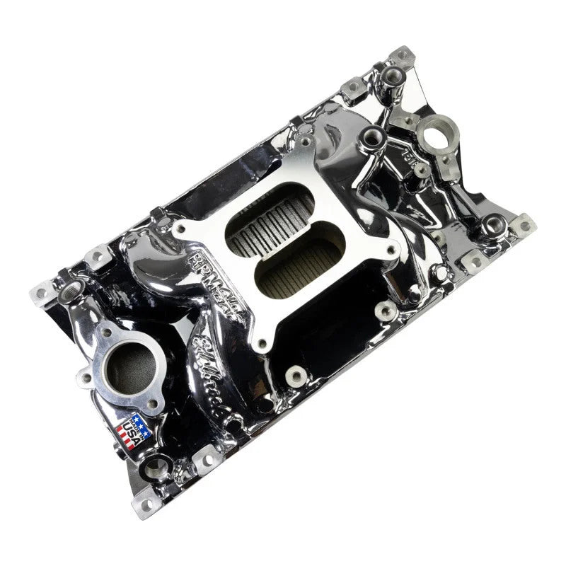 Edelbrock RPM Air-Gap Manifold - Chrome Plasma fits Chevrolet / Vortec - Back View