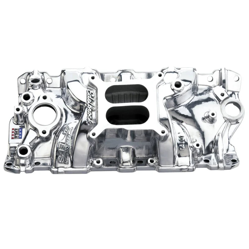 Edelbrock SBC Performer Eps Polished Manifold - Side View