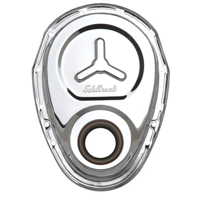 Edelbrock Timing Cover SB-Chevy Chrome w/ Welded Reinforcement Plate - Main Product View