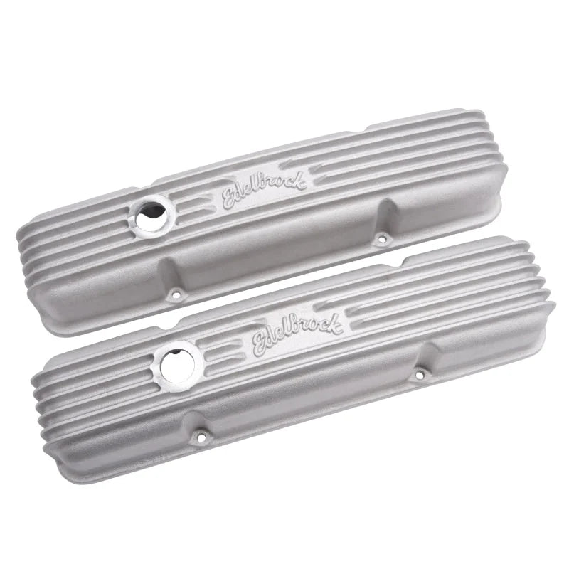 Edelbrock Valve Cover Classic Series Chevrolet 1959-1986 262-400 CI V8 w/ Breather Holes Satin - Installation View