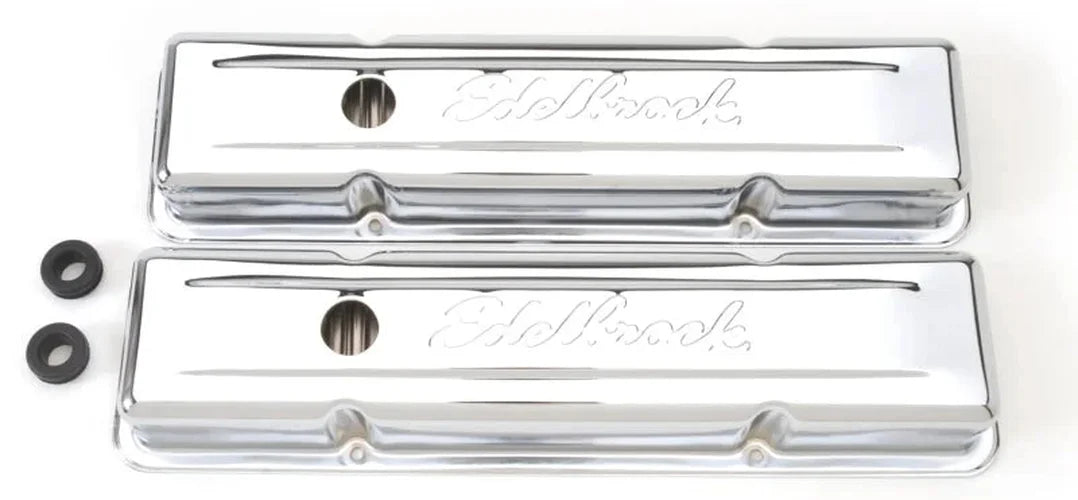 Edelbrock Valve Cover Signature Series Chevrolet 1959-1986 262-400 CI V8 Low Chrome - Side View