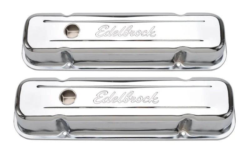 Edelbrock Valve Cover Signature Series Pontiac 1962-1979 301-455 CI V8 Tall Chrome - Side View