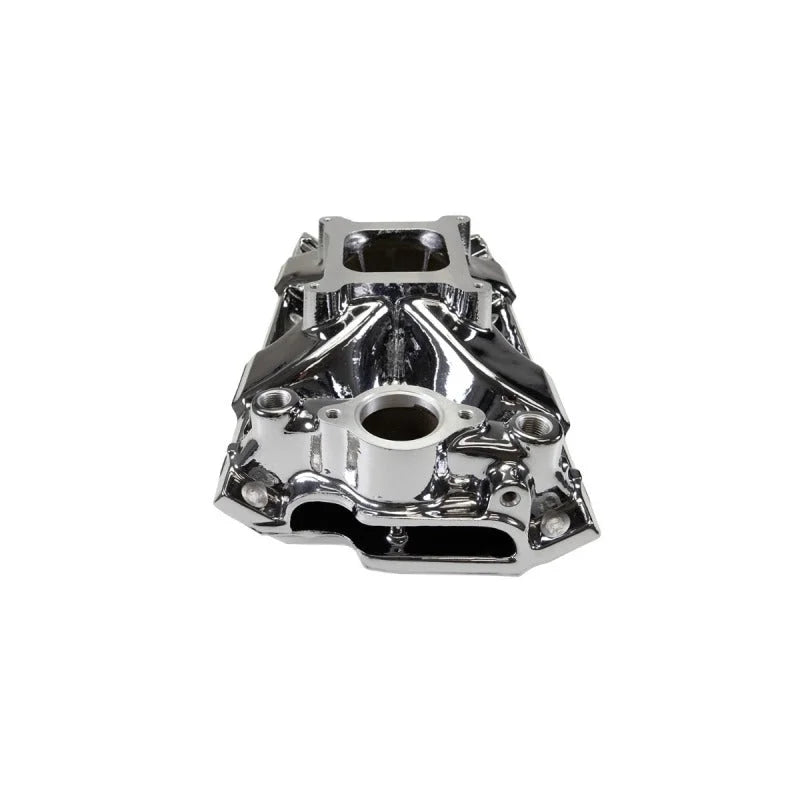 Edelbrock Victor Jr. 23 Degree Intake Manifold - Chrome Plasma Finish fits Chevy Sb - Back View
