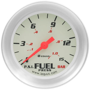 Equus Gauge, Fuel Pressure, 2-5/8" , 0-15 PSI, 270 Deg Sweep, Mech, White, Silver 8000 E8434