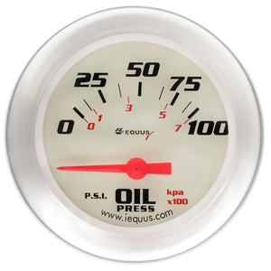 Equus Gauge Oil Pressure 2-5/8" 0-100 PSI 90 Degree Sweep Elec White Slvr 8000 - Main Product View