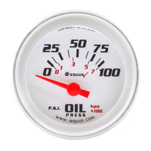 Equus Gauge, Oil Pressure, 2" , 90 Degree Sweep, Elec, White, Silver, 8000 Series E8264