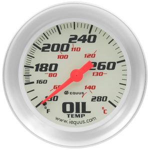Equus Gauge Oil Temp 2-5/8" 130-280 F 270 Deg Sweep Mech White Silver 8000 - Main Product View