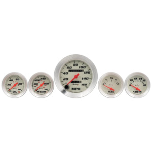 Equus Gauge Set 3-3/8" Mech Speedo 2" OILP/WTEMP/FUEL/VOLT Wht Slvr 8000 Series - Main Product View