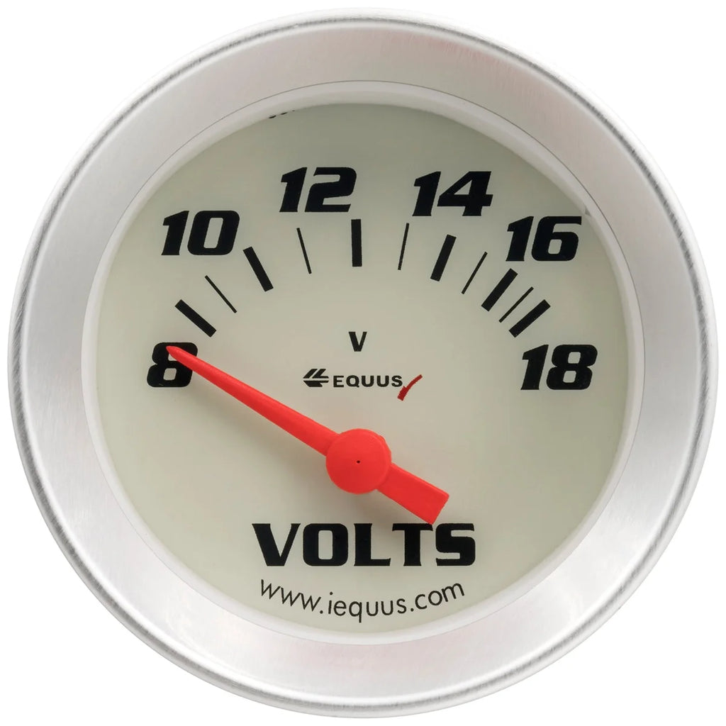 Equus Gauge, Volt Meter, 2" , 8-18V, 90 Degree Sweep, Elec, White, Silver, 8000 Series E8268