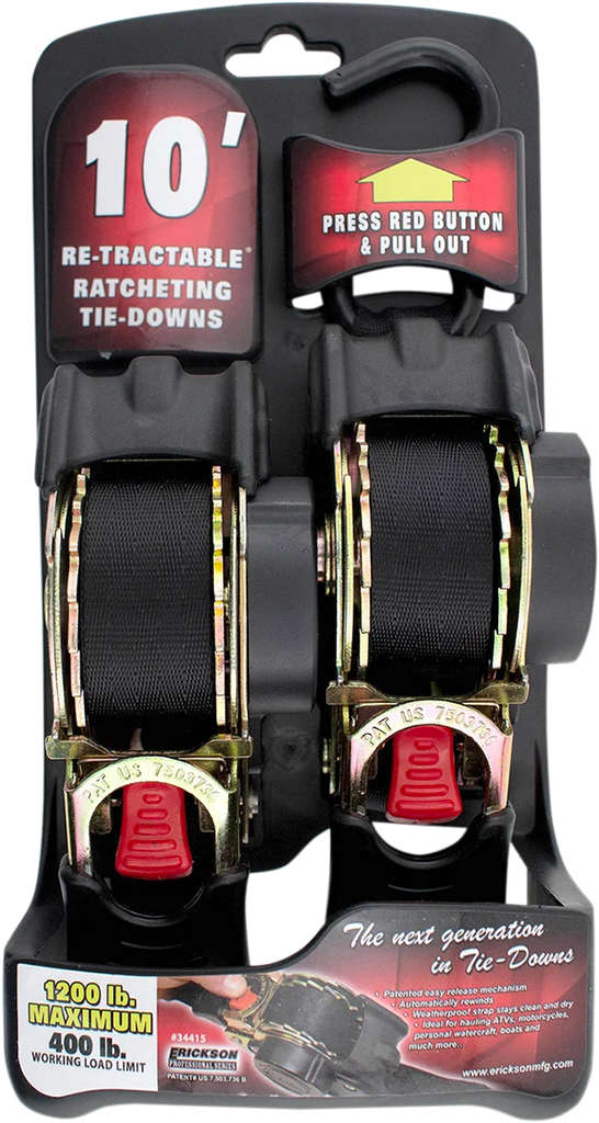 Erickson Retractable Ratchet Tie-Downs - 10' - Black 34415 - Side View