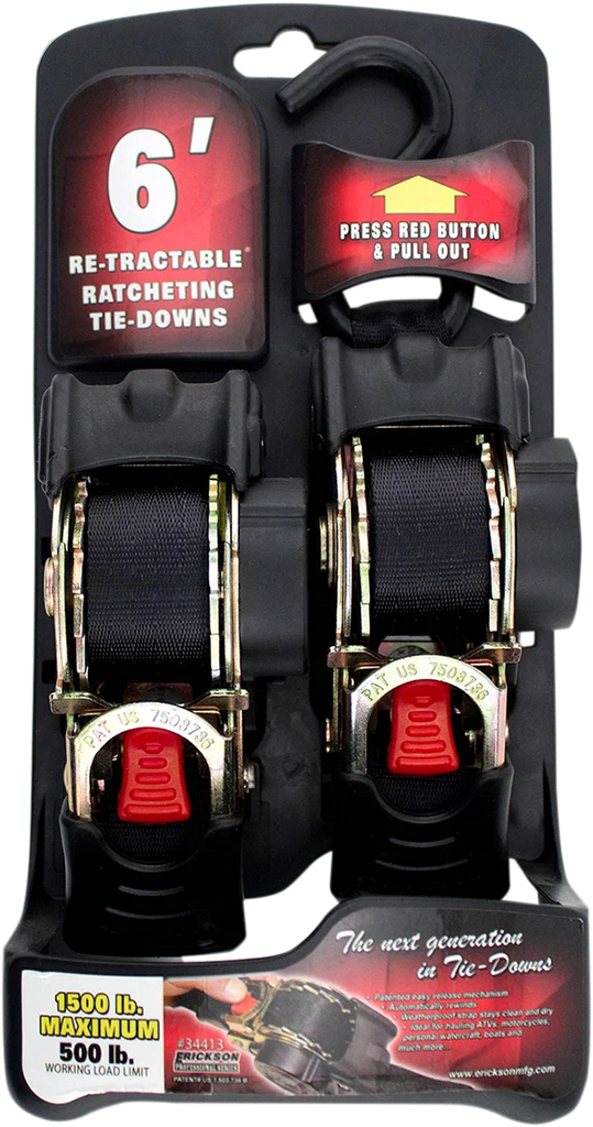 Erickson Retractable Ratchet Tie-Downs - 6' - Black 34413 - Side View