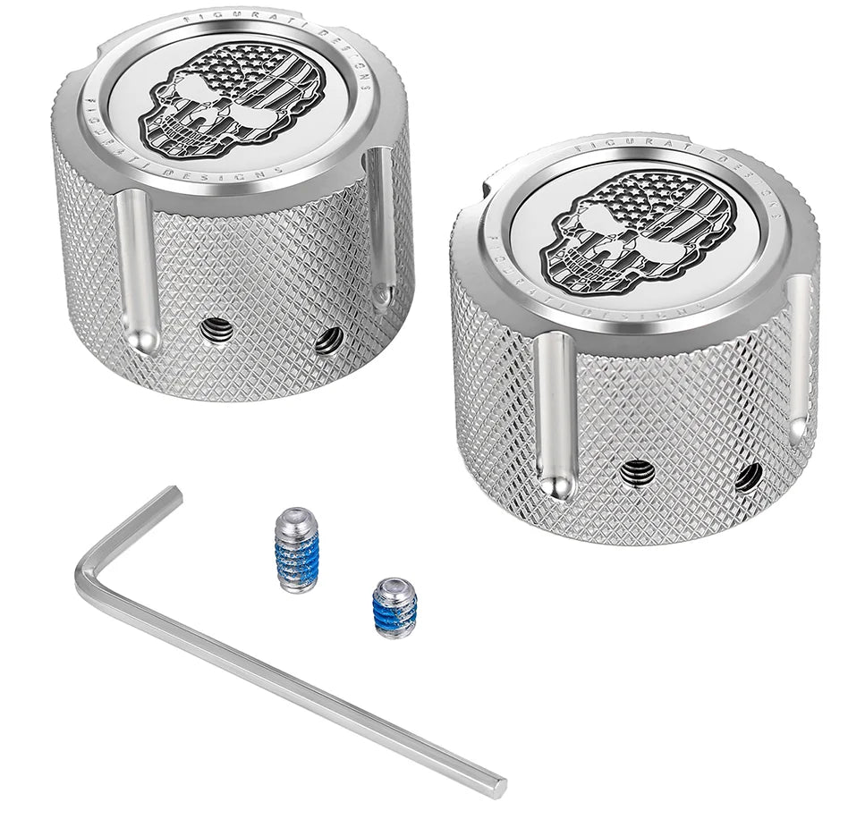 Figurati Designs Axle Nut Cover - Front - Stainless Steel - American Flag Skull - Contrast Cut - Silver - Main Product View