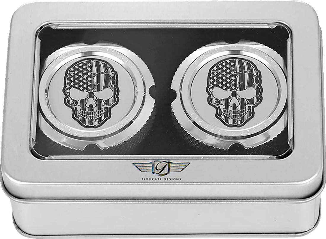 Figurati Designs Axle Nut Cover - Front - Stainless Steel - American Flag Skull - Contrast Cut - Silver - Detail View