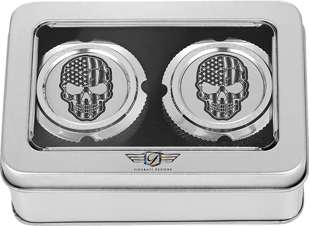 Figurati Designs Axle Nut Cover - Front - Stainless Steel - American Flag Skull - Contrast Cut - Silver - Detail View