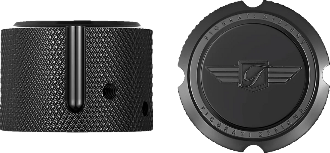 Figurati Designs Axle Nut Cover - Front - Stainless Steel - Figurati Designs Logo - Black - Side View