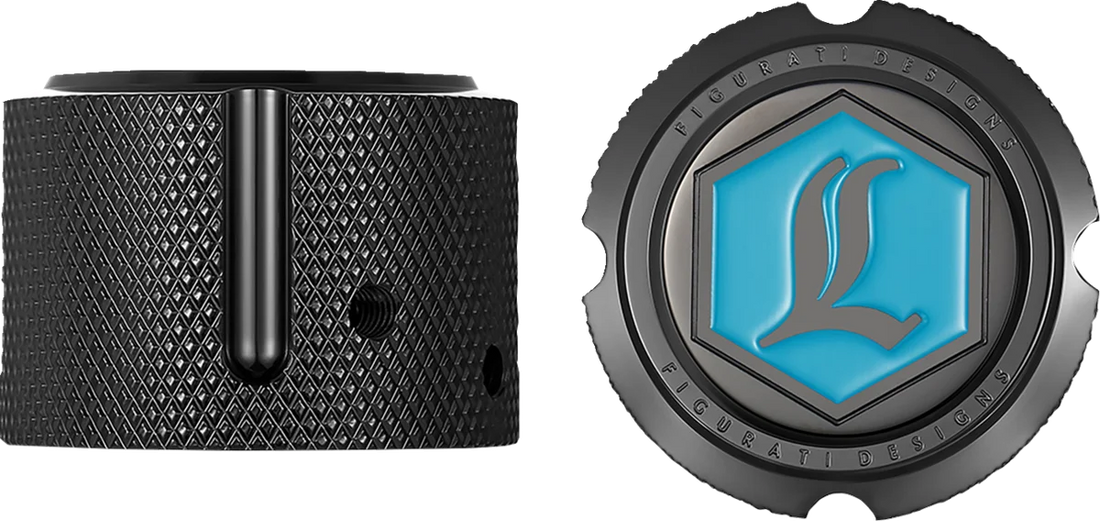Figurati Designs Axle Nut Cover - Front - Stainless Steel - Legends Suspension Logo - Black - Side View