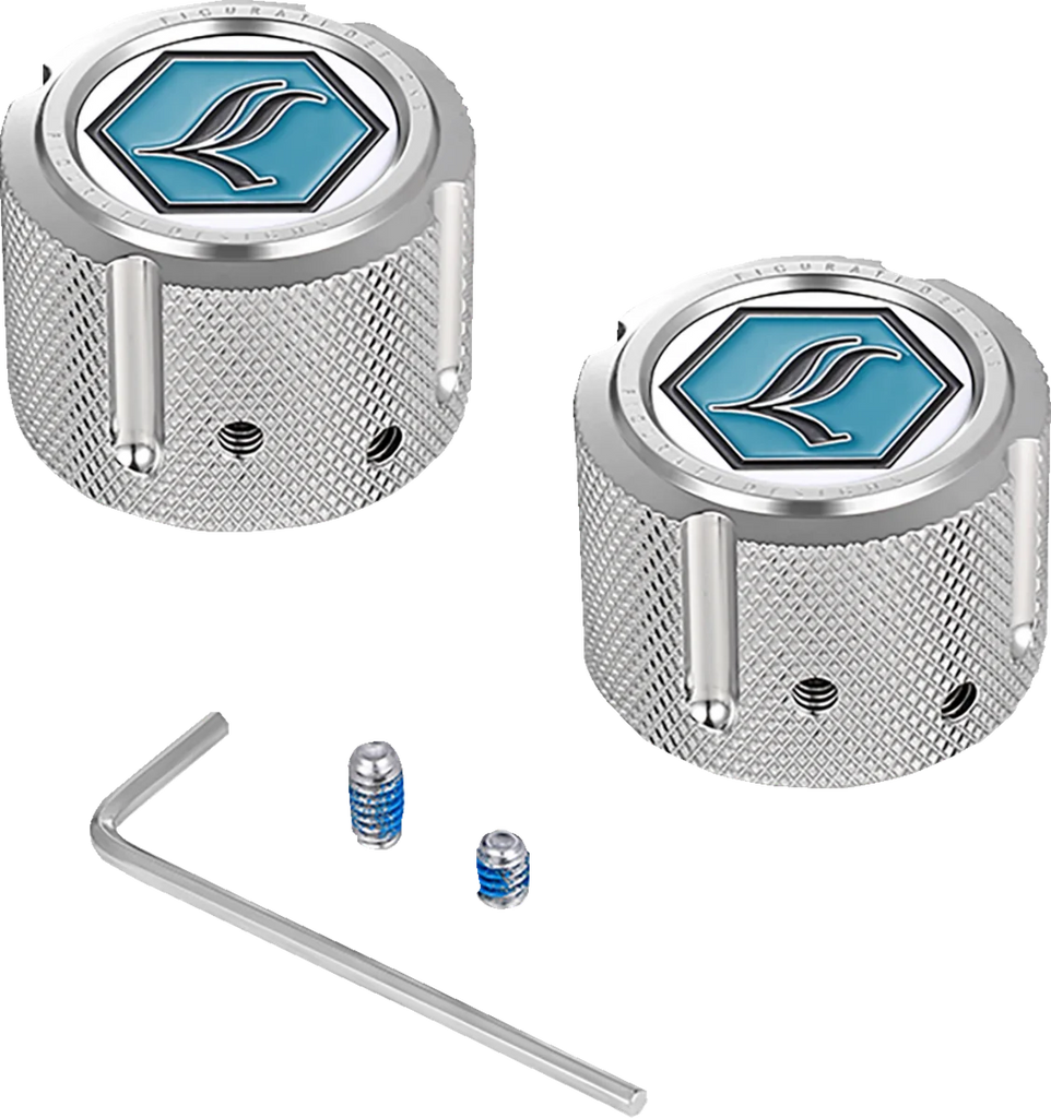 Figurati Designs Axle Nut Cover - Front - Stainless Steel - Legends Suspension Logo - Silver - Main Product View