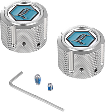 Load image into Gallery viewer, Figurati Designs Axle Nut Cover - Front - Stainless Steel - Legends Suspension Logo - Silver - Main Product View