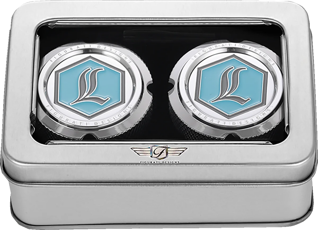Figurati Designs Axle Nut Cover - Front - Stainless Steel - Legends Suspension Logo - Silver - Side View