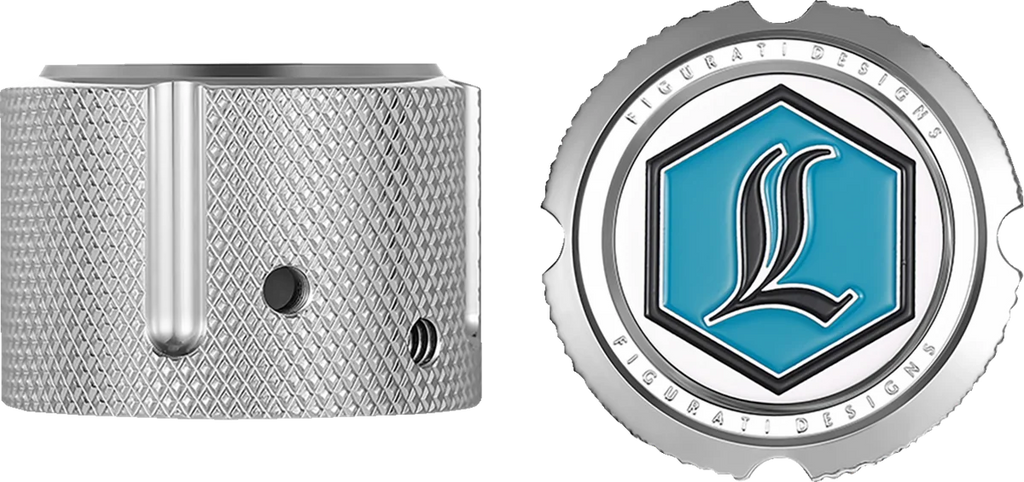 Figurati Designs Axle Nut Cover - Front - Stainless Steel - Legends Suspension Logo - Silver - Back View