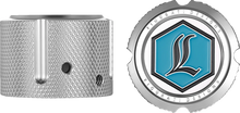 Load image into Gallery viewer, Figurati Designs Axle Nut Cover - Front - Stainless Steel - Legends Suspension Logo - Silver - Back View