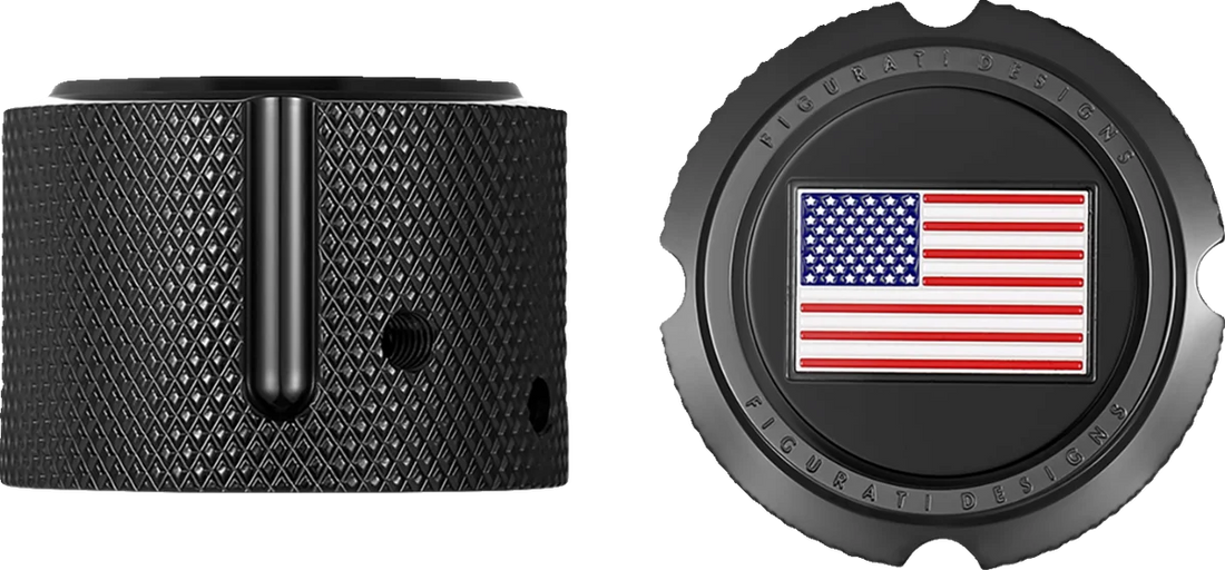 Figurati Designs Axle Nut Cover - Front - Stainless Steel - Red/White/Blue Flag - Reversed - Black - Side View