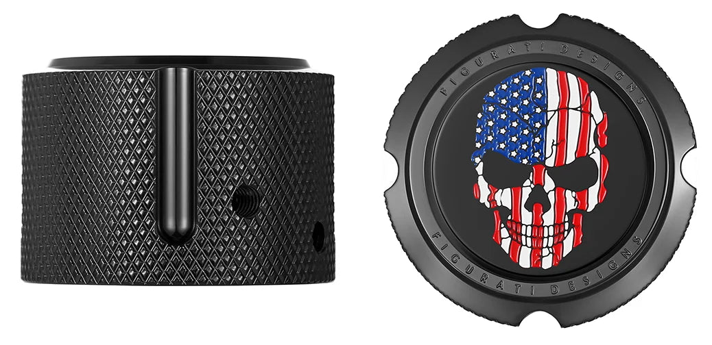 Figurati Designs Axle Nut Cover - Front - Stainless Steel - Red/White/Blue Flag Skull - Black - Side View
