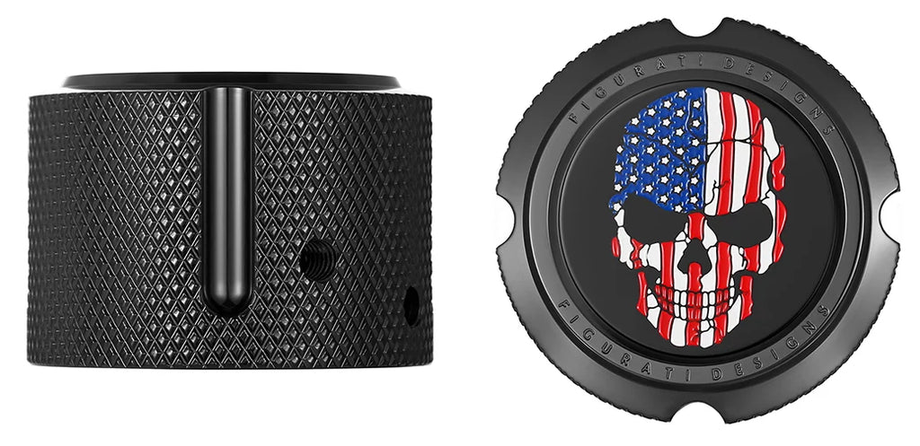 Figurati Designs Axle Nut Cover - Front - Stainless Steel - Red/White/Blue Flag Skull - Black - Side View