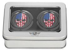 Load image into Gallery viewer, Figurati Designs Axle Nut Cover - Front - Stainless Steel - Red/White/Blue Flag Skull - Black - Back View