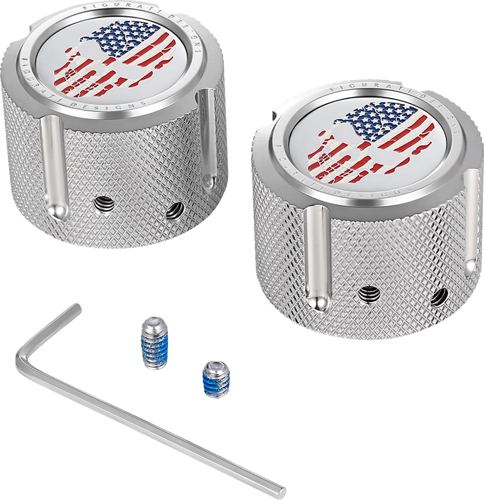 Figurati Designs Axle Nut Cover - Front - Stainless Steel - Red/White/Blue Flag Skull - Silver - Main Product View