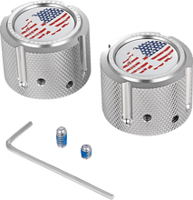 Load image into Gallery viewer, Figurati Designs Axle Nut Cover - Front - Stainless Steel - Red/White/Blue Flag Skull - Silver - Main Product View