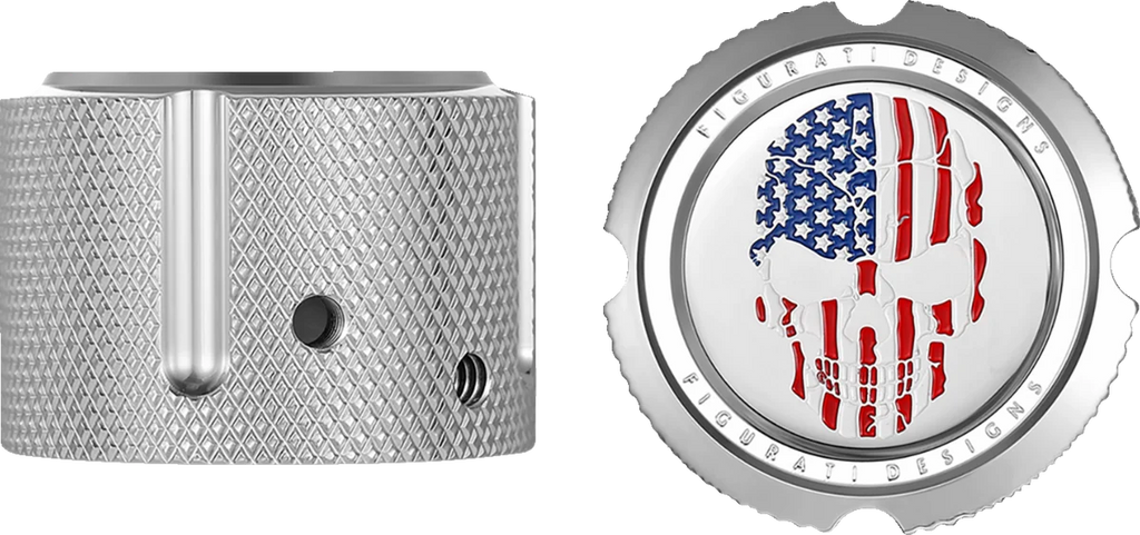 Figurati Designs Axle Nut Cover - Front - Stainless Steel - Red/White/Blue Flag Skull - Silver - Side View