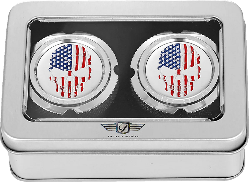 Figurati Designs Axle Nut Cover - Front - Stainless Steel - Red/White/Blue Flag Skull - Silver - Back View
