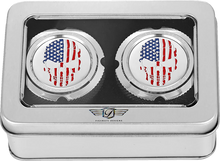 Load image into Gallery viewer, Figurati Designs Axle Nut Cover - Front - Stainless Steel - Red/White/Blue Flag Skull - Silver - Back View