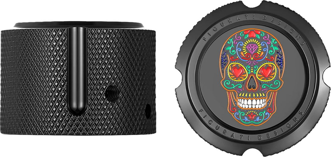 Figurati Designs Axle Nut Cover - Front - Stainless Steel - Sugar Skull - Black - Side View