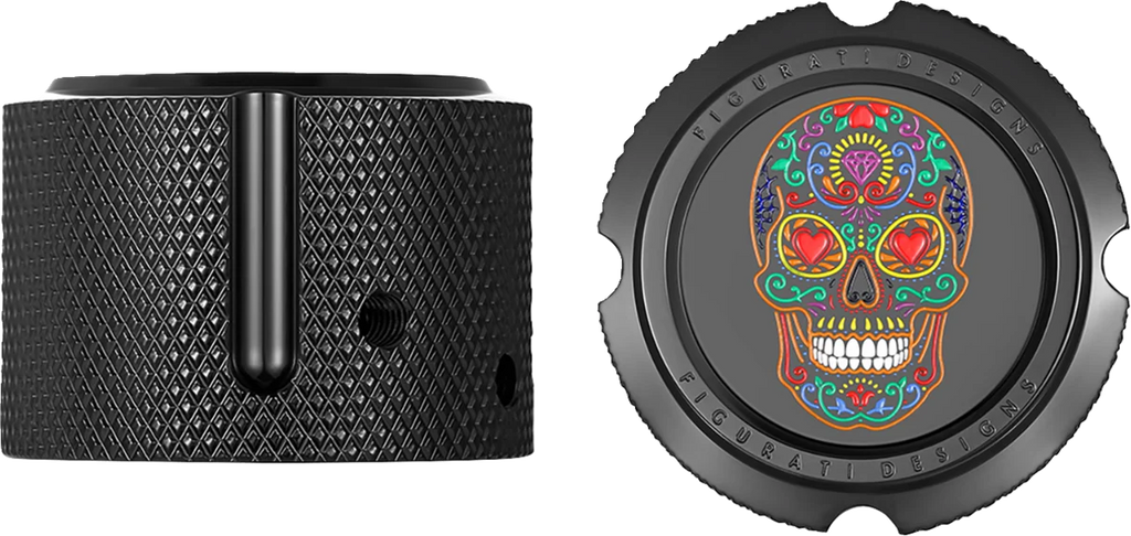 Figurati Designs Axle Nut Cover - Front - Stainless Steel - Sugar Skull - Black - Side View