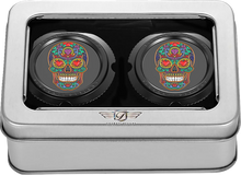 Load image into Gallery viewer, Figurati Designs Axle Nut Cover - Front - Stainless Steel - Sugar Skull - Black - Back View