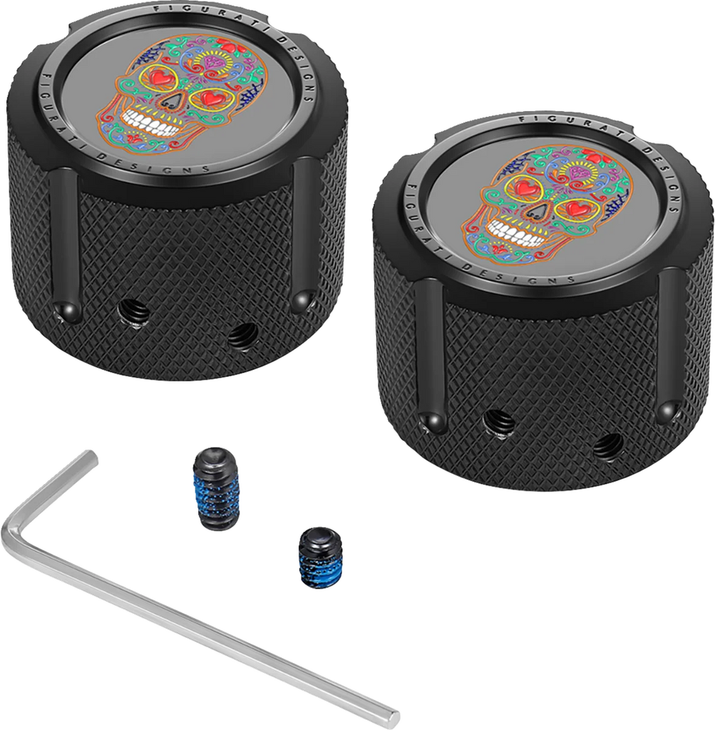 Figurati Designs Axle Nut Cover - Front - Stainless Steel - Sugar Skull - Black - Main Product View