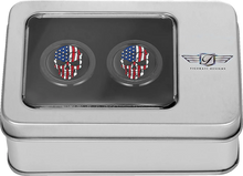 Load image into Gallery viewer, Figurati Designs Docking Hardware Covers - Red/White/Blue American Flag Skull - Black - Back View